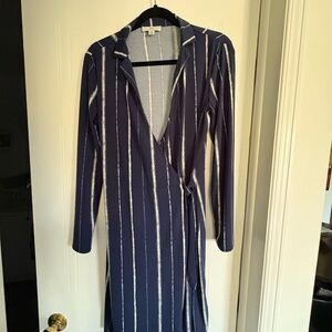 Halston Heritage Navy and White Striped Long Sleeve Dress